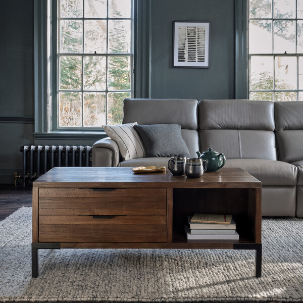 Solid Hardwood & Metal Coffee Tables - 4 Drawer Coffee Table - Detroit Range - Oak Furnitureland