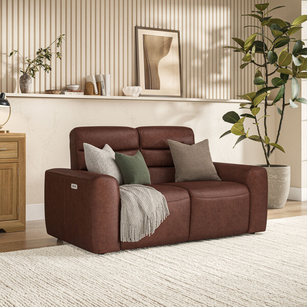 Virgo Chestnut Leather Sofas - 2 Seater Electric Recliner Sofa - Cohen Range - Oak Furnitureland