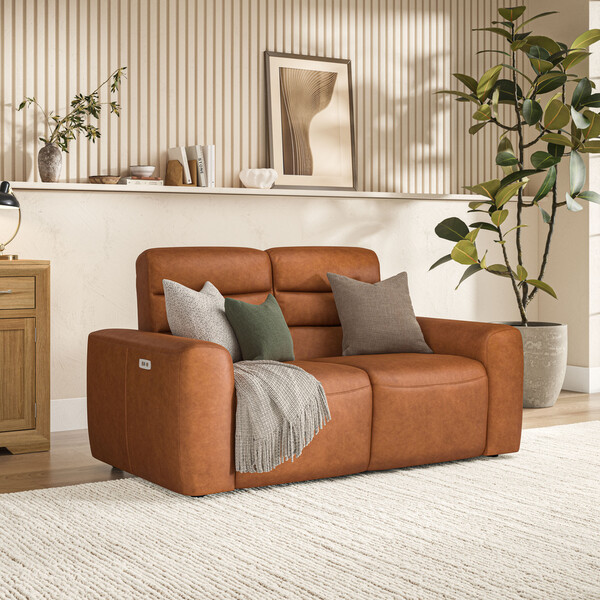 Virgo Cognac Leather Sofas - 2 Seater Electric Recliner Sofa - Cohen Range - Oak Furnitureland