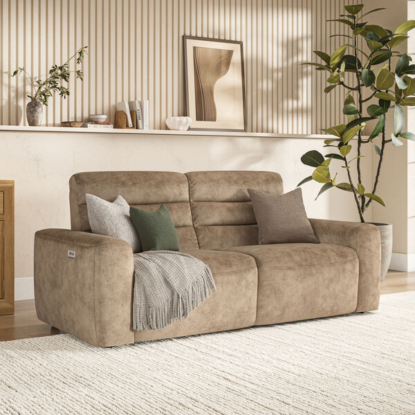Dapple Taupe Fabric Sofas - 3 Seater Electric Recliner Sofa - Cohen Range - Oak Furnitureland