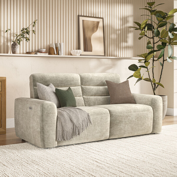 Plush Beige Fabric Sofas - 3 Seater Electric Recliner Sofa - Cohen Range - Oak Furnitureland