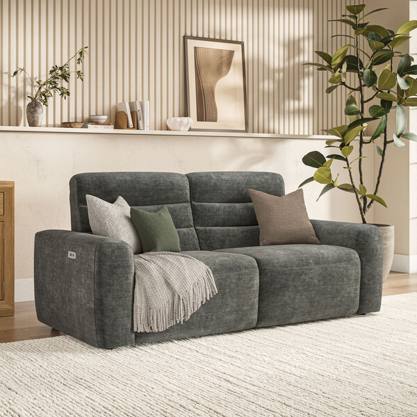 Plush Charcoal Fabric Sofas - 3 Seater Electric Recliner Sofa - Cohen Range - Oak Furnitureland