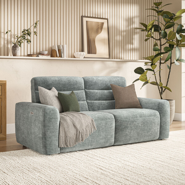 Plush Silver Fabric Sofas - 3 Seater Electric Recliner Sofa - Cohen Range - Oak Furnitureland