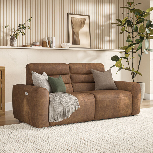 Ranch Brown Fabric Sofas - 3 Seater Electric Recliner Sofa - Cohen Range - Oak Furnitureland
