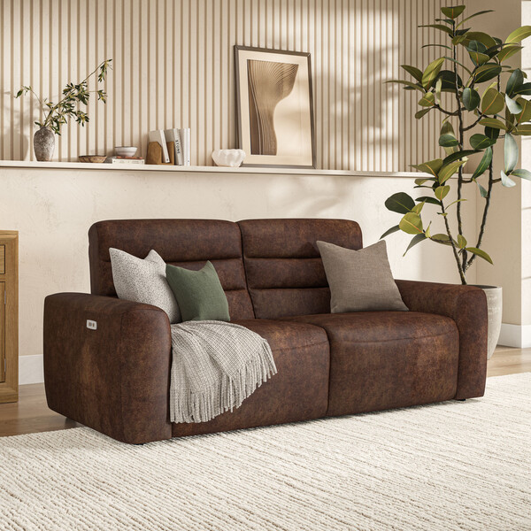Ranch Dark Brown Fabric Sofas - 3 Seater Electric Recliner Sofa - Cohen Range - Oak Furnitureland