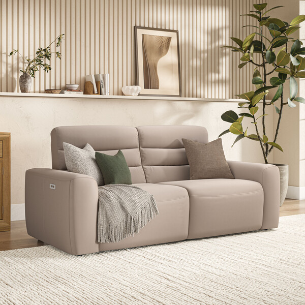 Virgo Buff Leather Sofas - 3 Seater Electric Recliner Sofa - Cohen Range - Oak Furnitureland