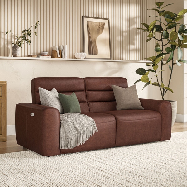 Virgo Chestnut Leather Sofas - 3 Seater Electric Recliner Sofa - Cohen Range - Oak Furnitureland