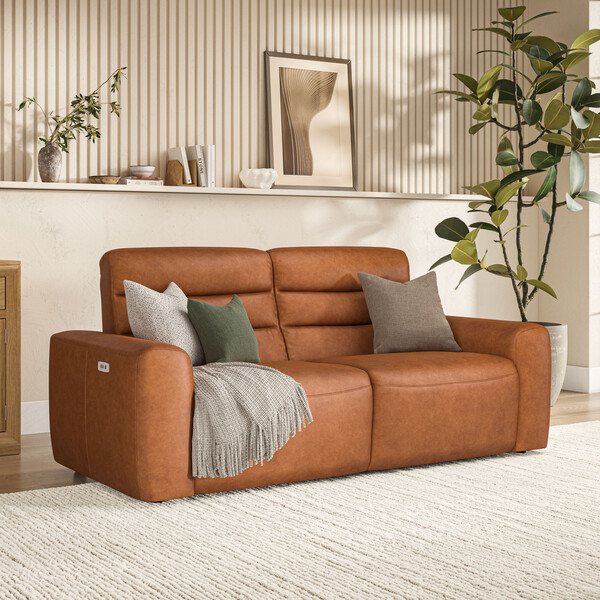 Virgo Cognac Leather Sofas - 3 Seater Electric Recliner Sofa - Cohen Range - Oak Furnitureland