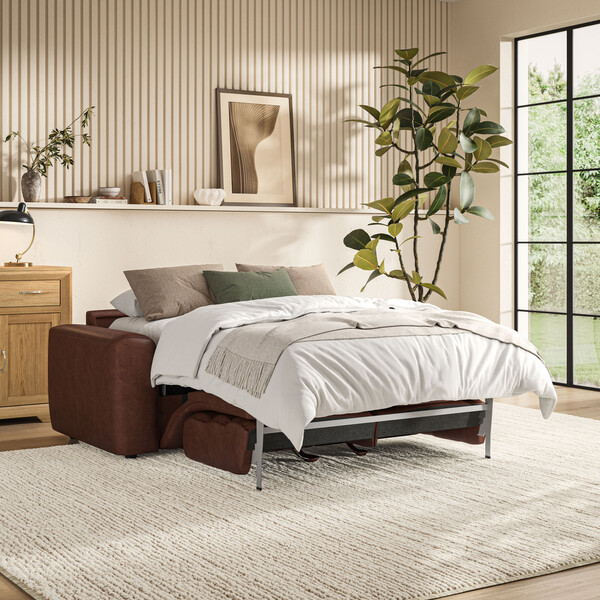 Virgo Chestnut Leather Sofas - 3 Seater Sofa Bed - Cohen Range - Oak Furnitureland