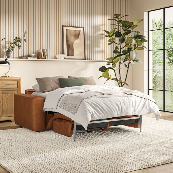 Virgo Cognac Leather Sofas - 3 Seater Sofa Bed - Cohen Range - Oak Furnitureland