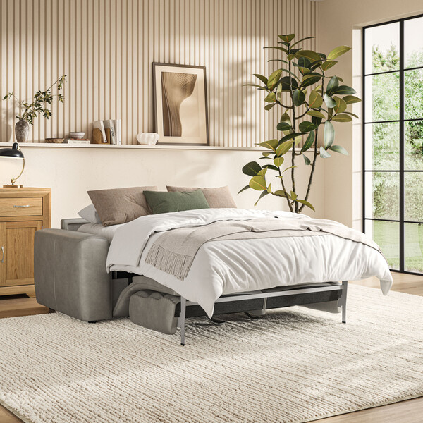 Virgo Platinum Leather Sofas - 3 Seater Sofa Bed - Cohen Range - Oak Furnitureland