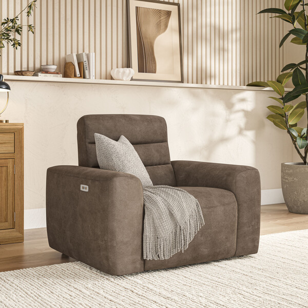 Miller Earth Brown Fabric Sofas - Electric Recliner Armchair - Cohen Range - Oak Furnitureland