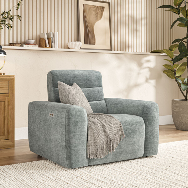 Plush Silver Fabric Sofas - Electric Recliner Armchair - Cohen Range - Oak Furnitureland