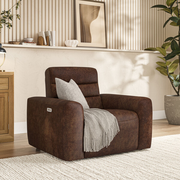 Ranch Dark Brown Fabric Sofas - Electric Recliner Armchair - Cohen Range - Oak Furnitureland