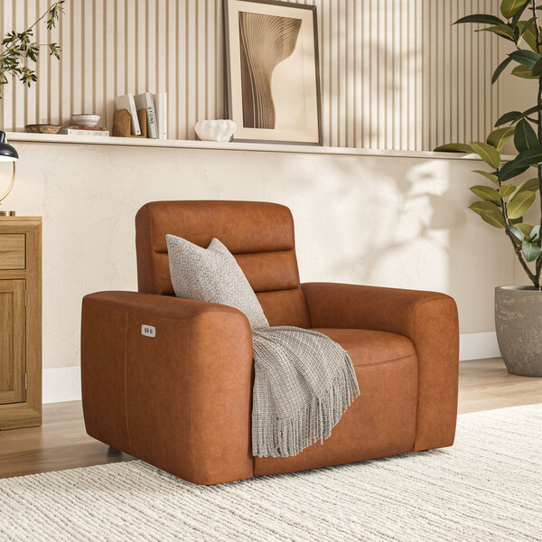 Virgo Cognac Leather Sofas - Electric Recliner Armchair - Cohen Range - Oak Furnitureland