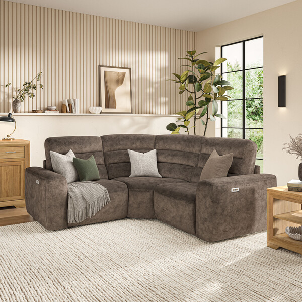 Dapple Chocolate Fabric Sofas - Modular 3 Seat Corner Recliner - Cohen Range - Oak Furnitureland