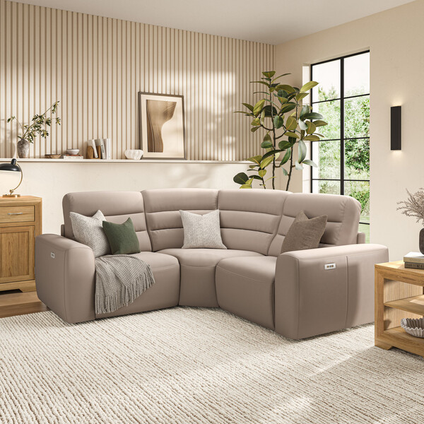 Virgo Buff Leather Sofas - Modular 3 Seat Corner Recliner - Cohen Range - Oak Furnitureland