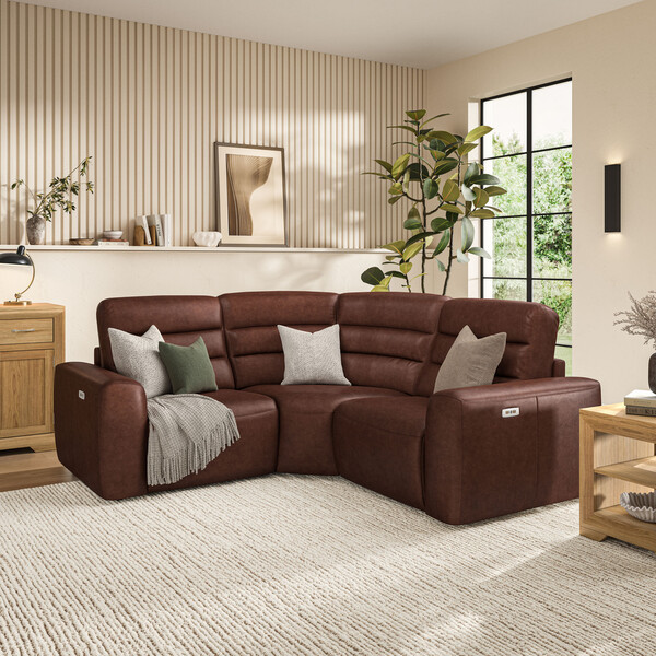 Virgo Chestnut Leather Sofas - Modular 3 Seat Corner Recliner - Cohen Range - Oak Furnitureland