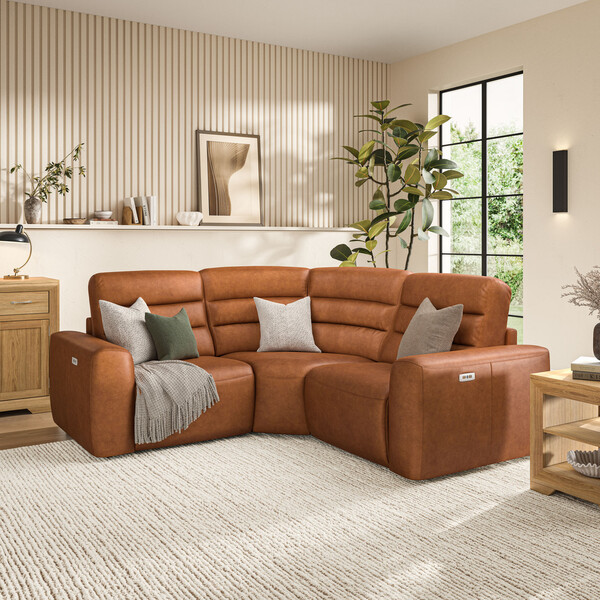 Virgo Cognac Leather Sofas - Modular 3 Seat Corner Recliner - Cohen Range - Oak Furnitureland