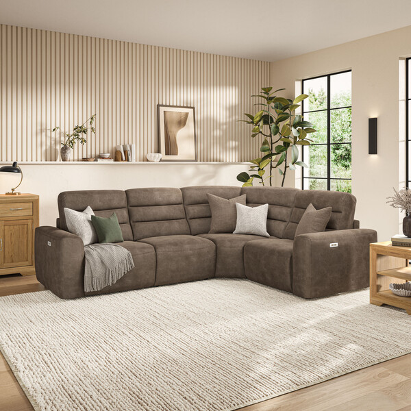Miller Earth Brown Fabric Sofas - Modular 4 Seat Corner Recliner - Cohen Range - Oak Furnitureland