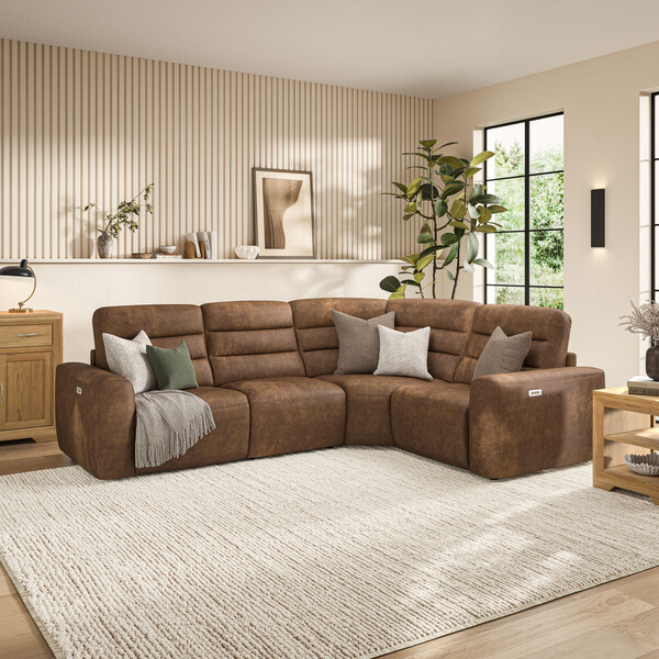 Ranch Brown Fabric Sofas - Modular 4 Seat Corner Recliner - Cohen Range - Oak Furnitureland