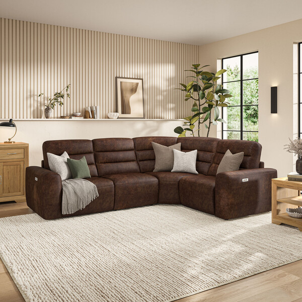 Ranch Dark Brown Fabric Sofas - Modular 4 Seat Corner Recliner - Cohen Range - Oak Furnitureland