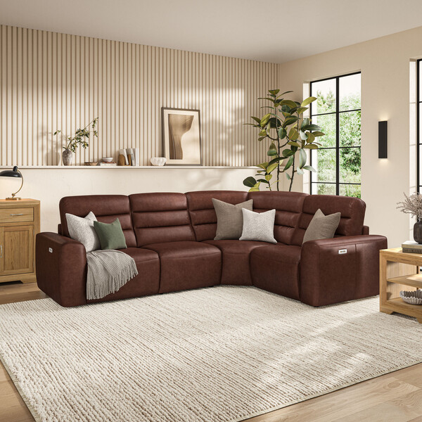 Virgo Chestnut Leather Sofas - Modular 4 Seat Corner Recliner - Cohen Range - Oak Furnitureland