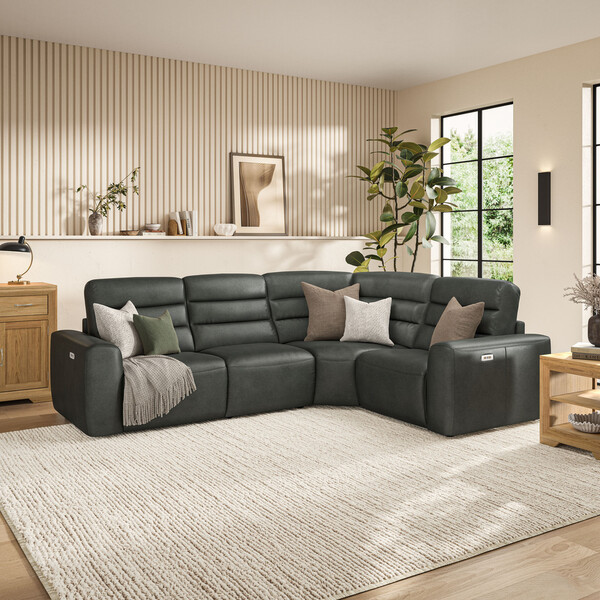 Virgo Lead Leather Sofas - Modular 4 Seat Corner Recliner - Cohen Range - Oak Furnitureland