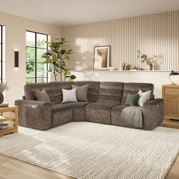 Dapple Chocolate Fabric Sofas - Modular 4 Seat Corner Recliner - Cohen Range - Oak Furnitureland