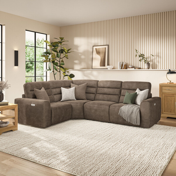 Miller Earth Brown Fabric Sofas - Modular 4 Seat Corner Recliner - Cohen Range - Oak Furnitureland