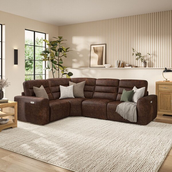 Ranch Dark Brown Fabric Sofas - Modular 4 Seat Corner Recliner - Cohen Range - Oak Furnitureland