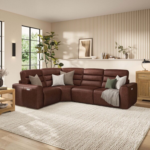 Virgo Chestnut Leather Sofas - Modular 4 Seat Corner Recliner - Cohen Range - Oak Furnitureland