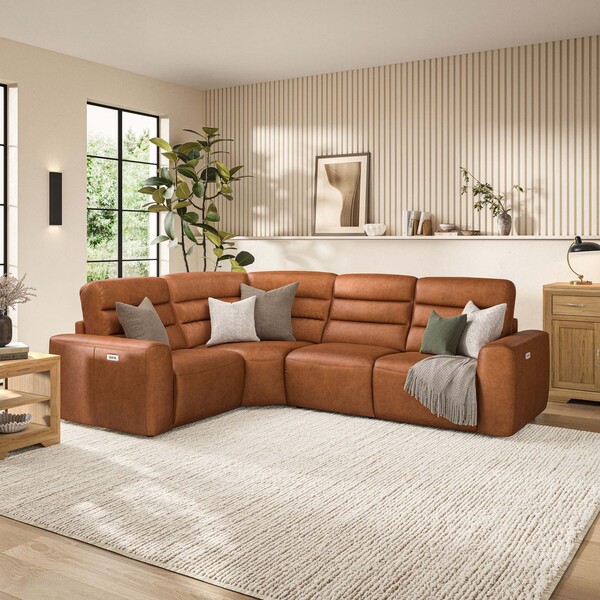 Virgo Cognac Leather Sofas - Modular 4 Seat Corner Recliner - Cohen Range - Oak Furnitureland