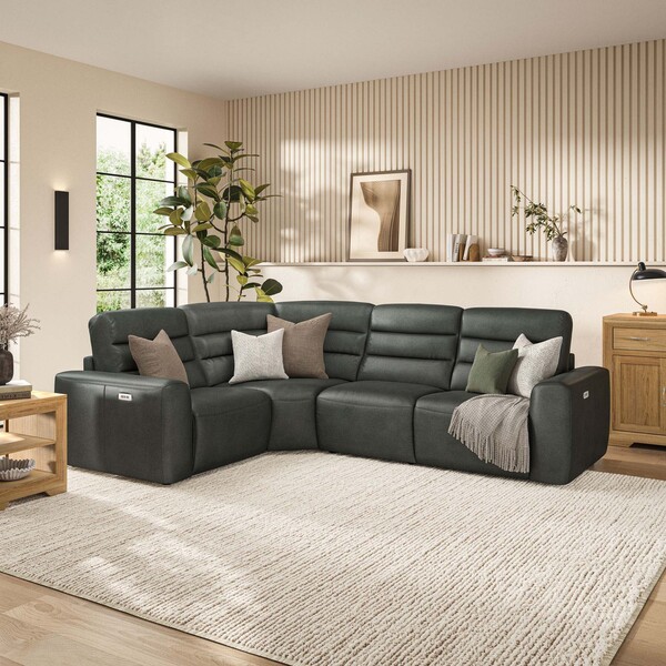 Virgo Lead Leather Sofas - Modular 4 Seat Corner Recliner - Cohen Range - Oak Furnitureland