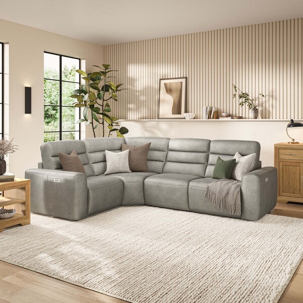 Virgo Platinum Leather Sofas - Modular 4 Seat Corner Recliner - Cohen Range - Oak Furnitureland