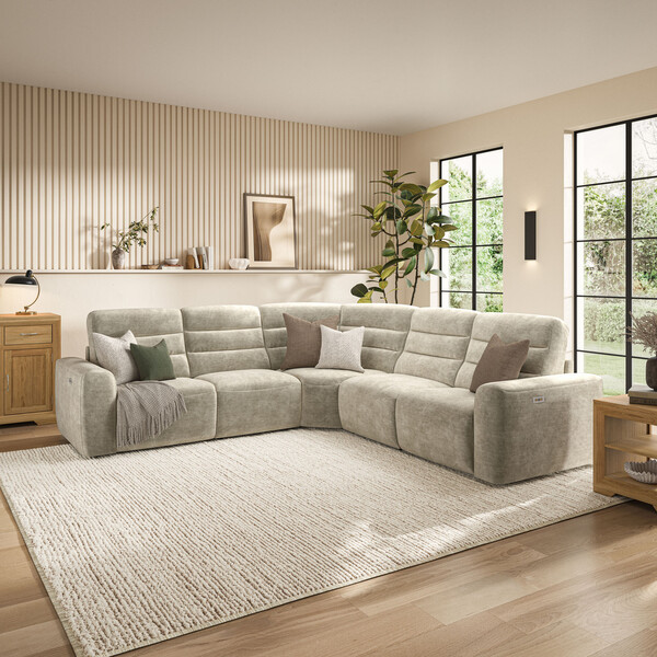Plush Beige Fabric Sofas - Modular 5 Seat Corner Recliner - Cohen Range - Oak Furnitureland