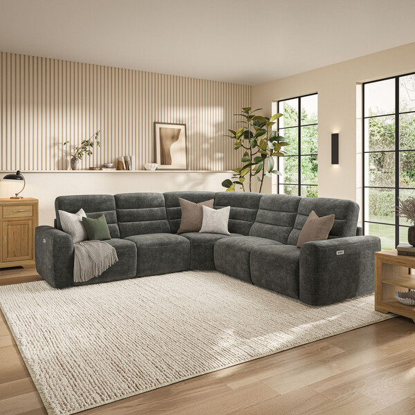 Plush Charcoal Fabric Sofas - Modular 5 Seat Corner Recliner - Cohen Range - Oak Furnitureland