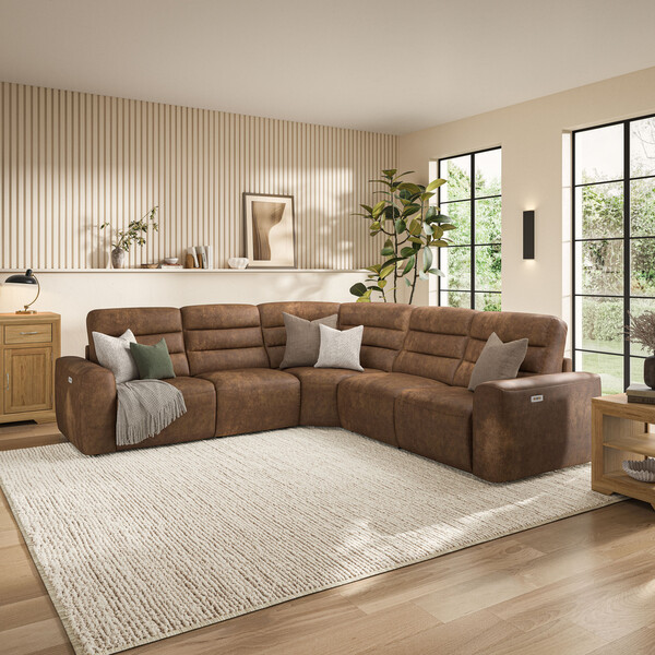 Ranch Brown Fabric Sofas - Modular 5 Seat Corner Recliner - Cohen Range - Oak Furnitureland