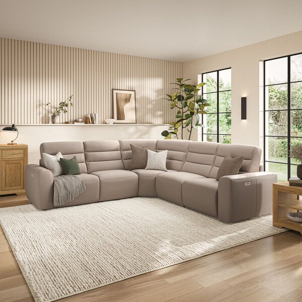 Virgo Buff Leather Sofas - Modular 5 Seat Corner Recliner - Cohen Range - Oak Furnitureland