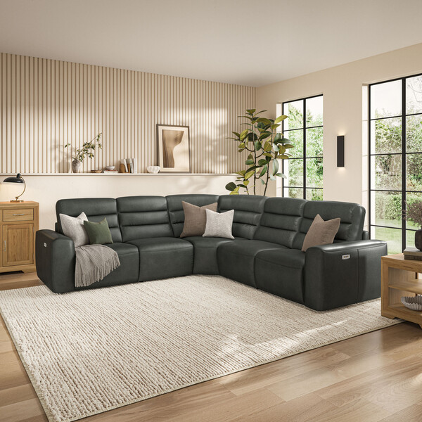 Virgo Lead Leather Sofas - Modular 5 Seat Corner Recliner - Cohen Range - Oak Furnitureland