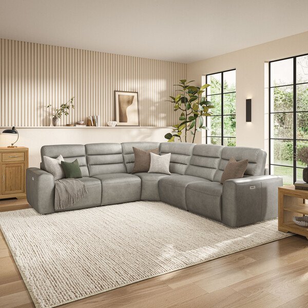 Virgo Platinum Leather Sofas - Modular 5 Seat Corner Recliner - Cohen Range - Oak Furnitureland