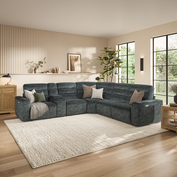 Dapple Grey Fabric Sofas - Modular 5 Seat Corner Recliner - Cohen Range - Oak Furnitureland