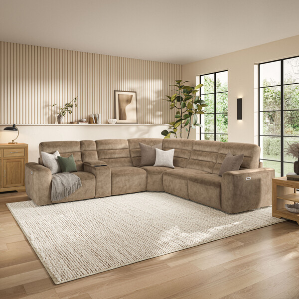 Dapple Taupe Fabric Sofas - Modular 5 Seat Corner Recliner - Cohen Range - Oak Furnitureland