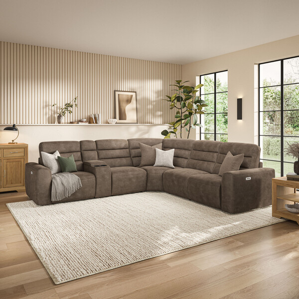 Miller Earth Brown Fabric Sofas - Modular 5 Seat Corner Recliner - Cohen Range - Oak Furnitureland