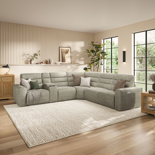 Miller Taupe Fabric Sofas - Modular 5 Seat Corner Recliner - Cohen Range - Oak Furnitureland