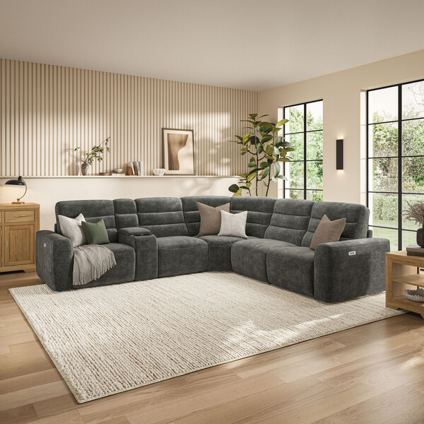 Plush Charcoal Fabric Sofas - Modular 5 Seat Corner Recliner - Cohen Range - Oak Furnitureland