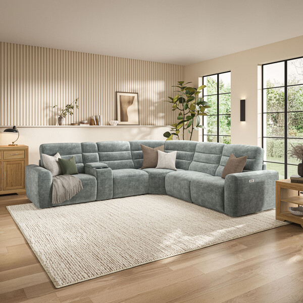 Plush Silver Fabric Sofas - Modular 5 Seat Corner Recliner - Cohen Range - Oak Furnitureland