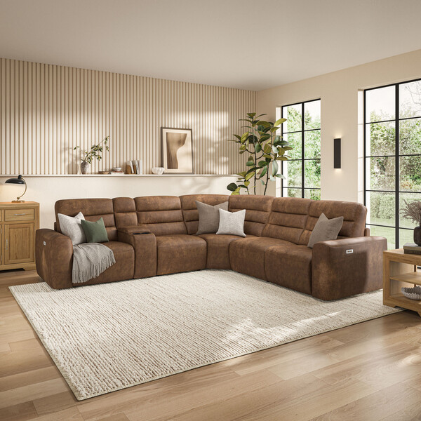 Ranch Brown Fabric Sofas - Modular 5 Seat Corner Recliner - Cohen Range - Oak Furnitureland