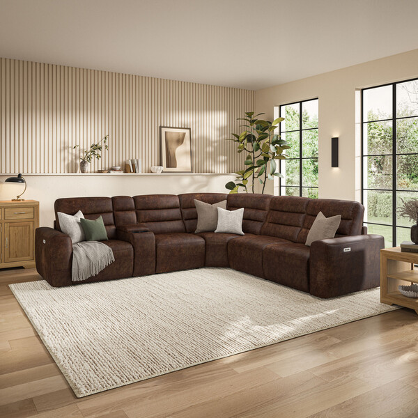 Ranch Dark Brown Fabric Sofas - Modular 5 Seat Corner Recliner - Cohen Range - Oak Furnitureland