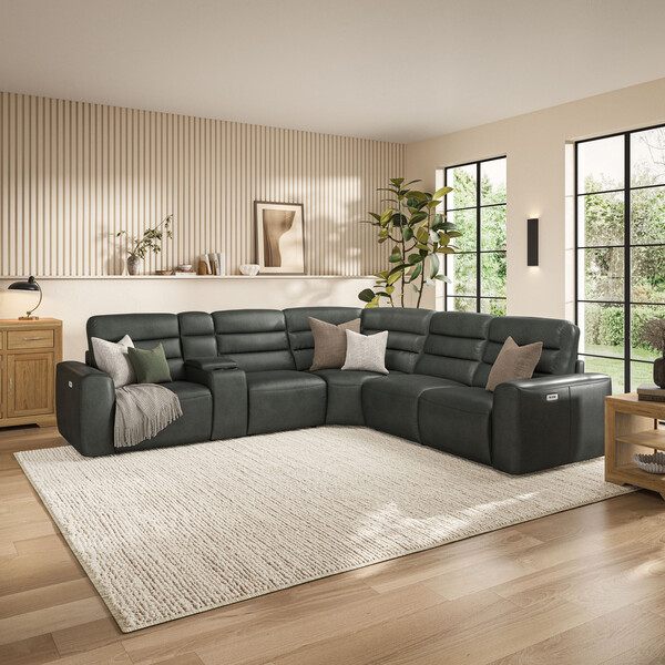 Virgo Lead Leather Sofas - Modular 5 Seat Corner Recliner - Cohen Range - Oak Furnitureland